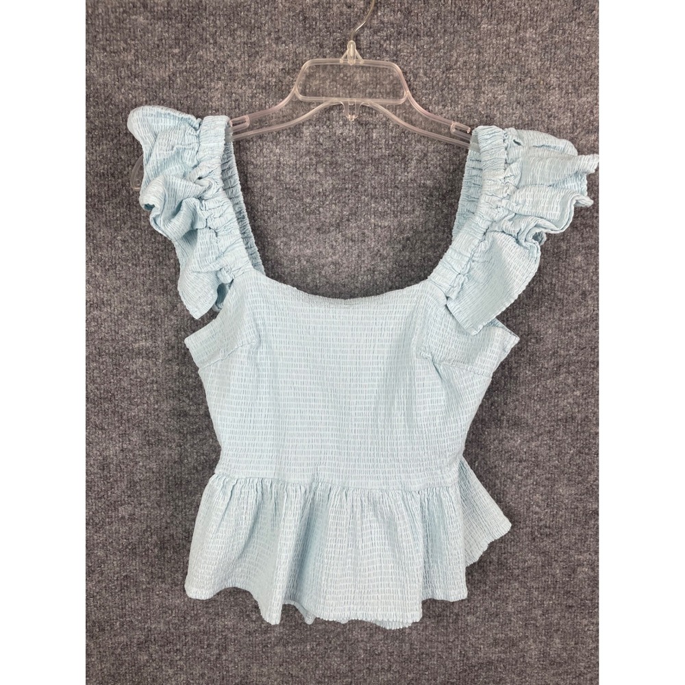 Mi Ami Smocked Peplum Top Women's S Blue Ruffle Tie Back Cutout Seersucker